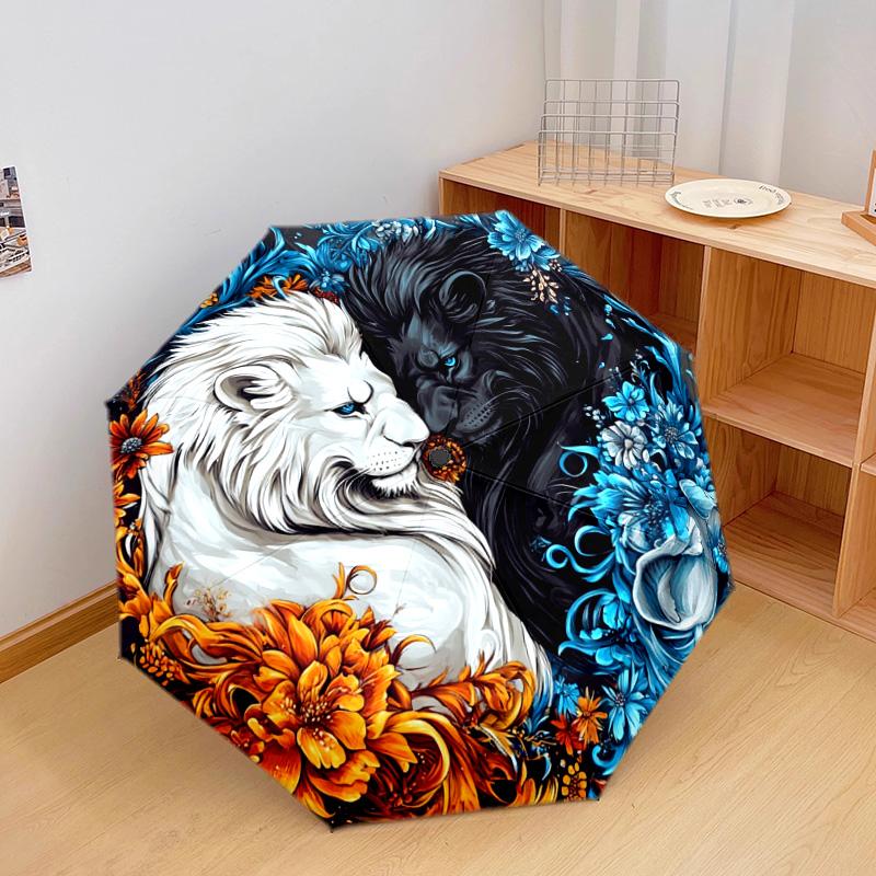 1 PC Automatic Folding Umbrella - Yin Yang Lions Pattern, Portable & Foldable Design with 8 Ribs, Christmas Birthday Gifts