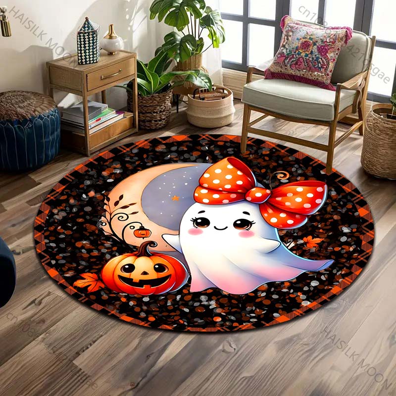 Pumpkin Head Bat Castle Halloween Round Carpet Floor Mat Suitable for Children's Bedroom Decor Living Room Round Rugs for Gifts