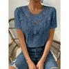 Nuova Blusa Estiva con Inserti in Pizzo da Donna Camicie Scollo Tondo Traforate Top alla Moda Manica Corta Colore Unito Dolce Abbigliamento Largo Elegante