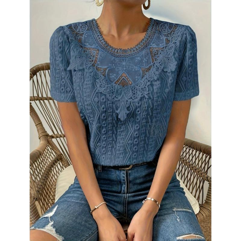 Nuova Blusa Estiva con Inserti in Pizzo da Donna Camicie Scollo Tondo Traforate Top alla Moda Manica Corta Colore Unito Dolce Abbigliamento Largo Elegante
