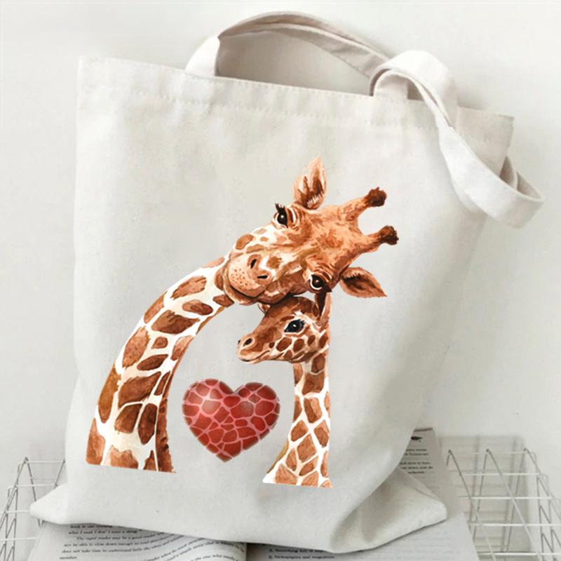 Shopping Bag Giraffe Fashion Cartoon Canvas Portable Tote Bag Women Men Street Aesthetics Style Giraffe Reusable Student Handbag