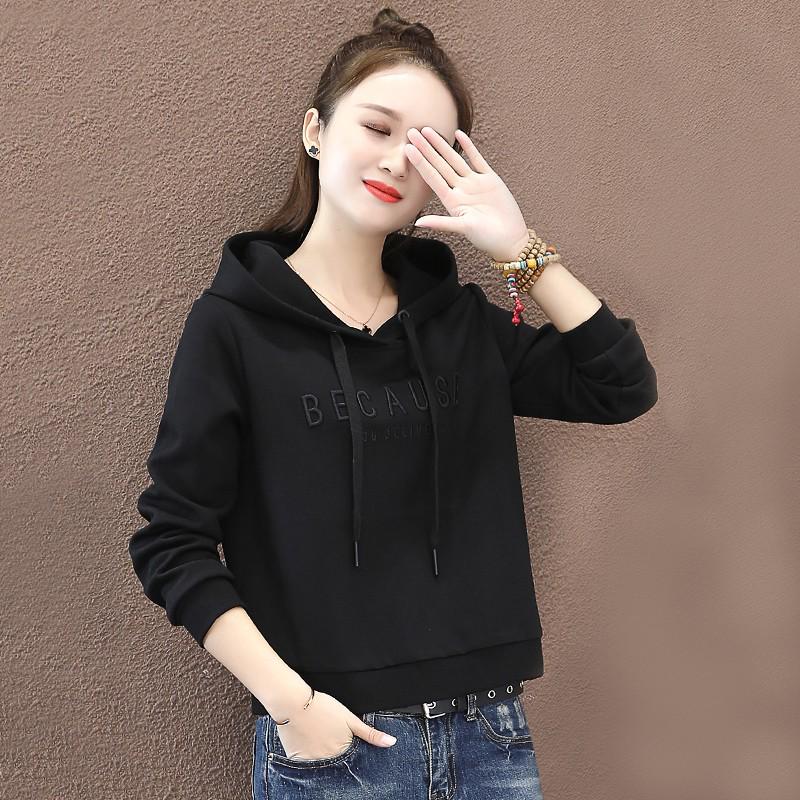 Women's Red Hooded Sweatshirt with Embroidered Letters - Korean Style Casual Petite Short Top for Spring and Autumn