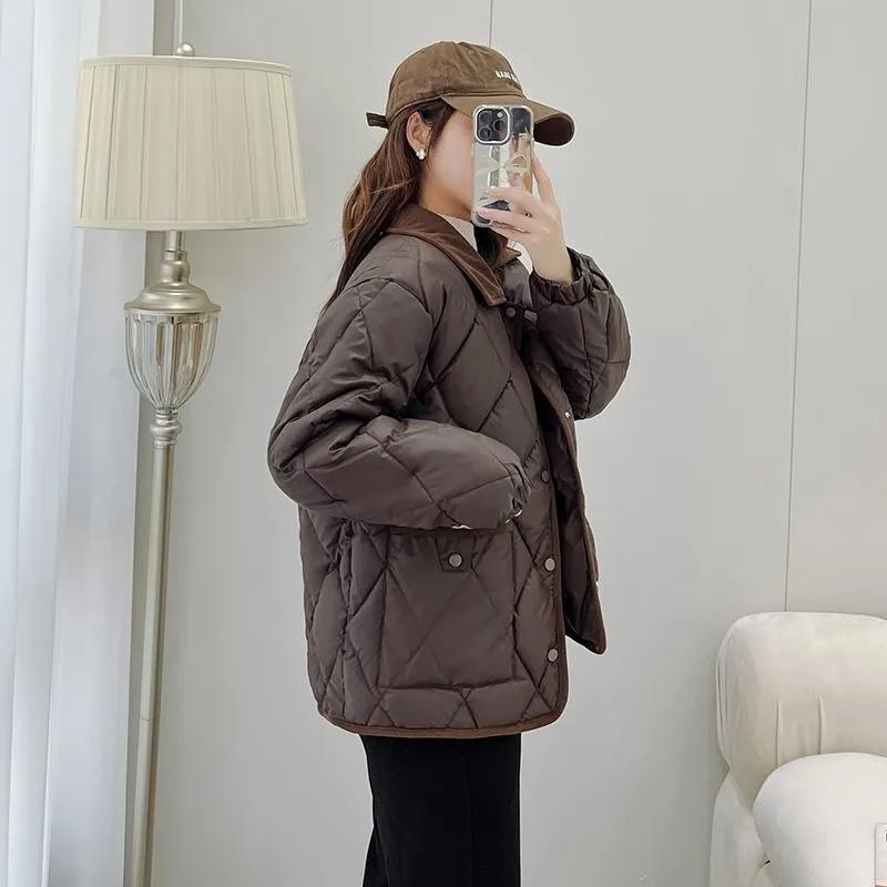 Women's Tweed Cotton Coat PU Leather Surface Versatile Loose Fit Color Autumn Winter Jacket
