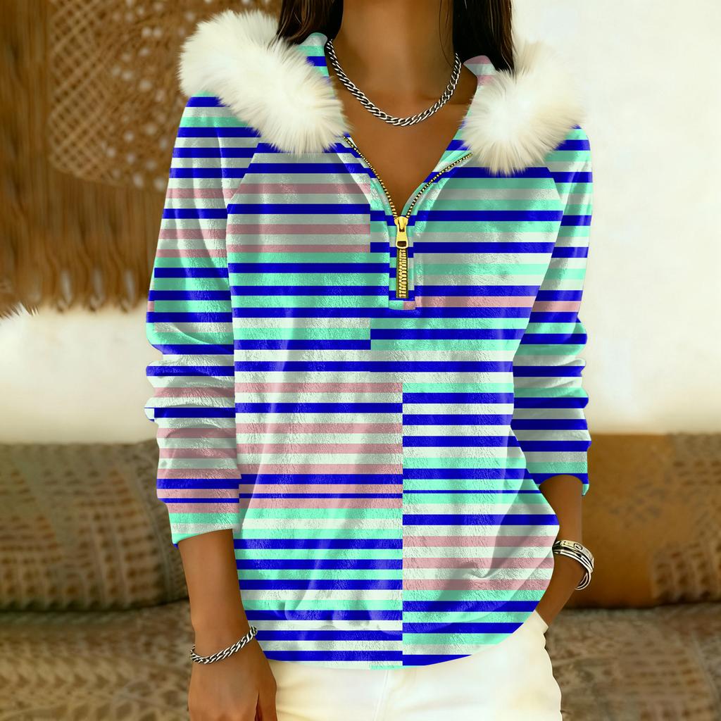 Women's Loose And Comfortable Casual Fashion Half-Zip Hooded Long Sleeve Conventional Printing Top