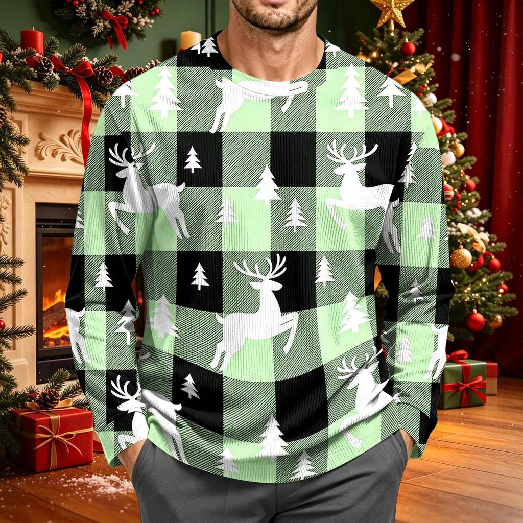 Men's Corduroy Long Sleeve Neck Shirt with Christmas Print for Holiday Casual Wear