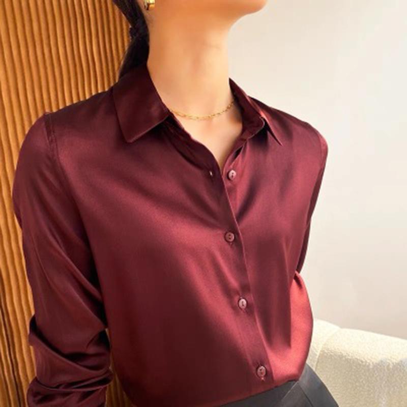 Mote Uformelt kontor Dame satengskjorte Løse lange ermede topper Solid Plus Size Damebluser Elegant Button Up Vintage Enkle Dameskjorter 25678
