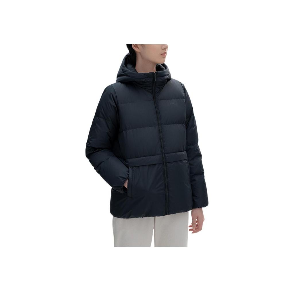 Anta Solid Color Hooded Fleece Zipper Long Sleeve Down Jacket Women outerwear Black 962247903-3