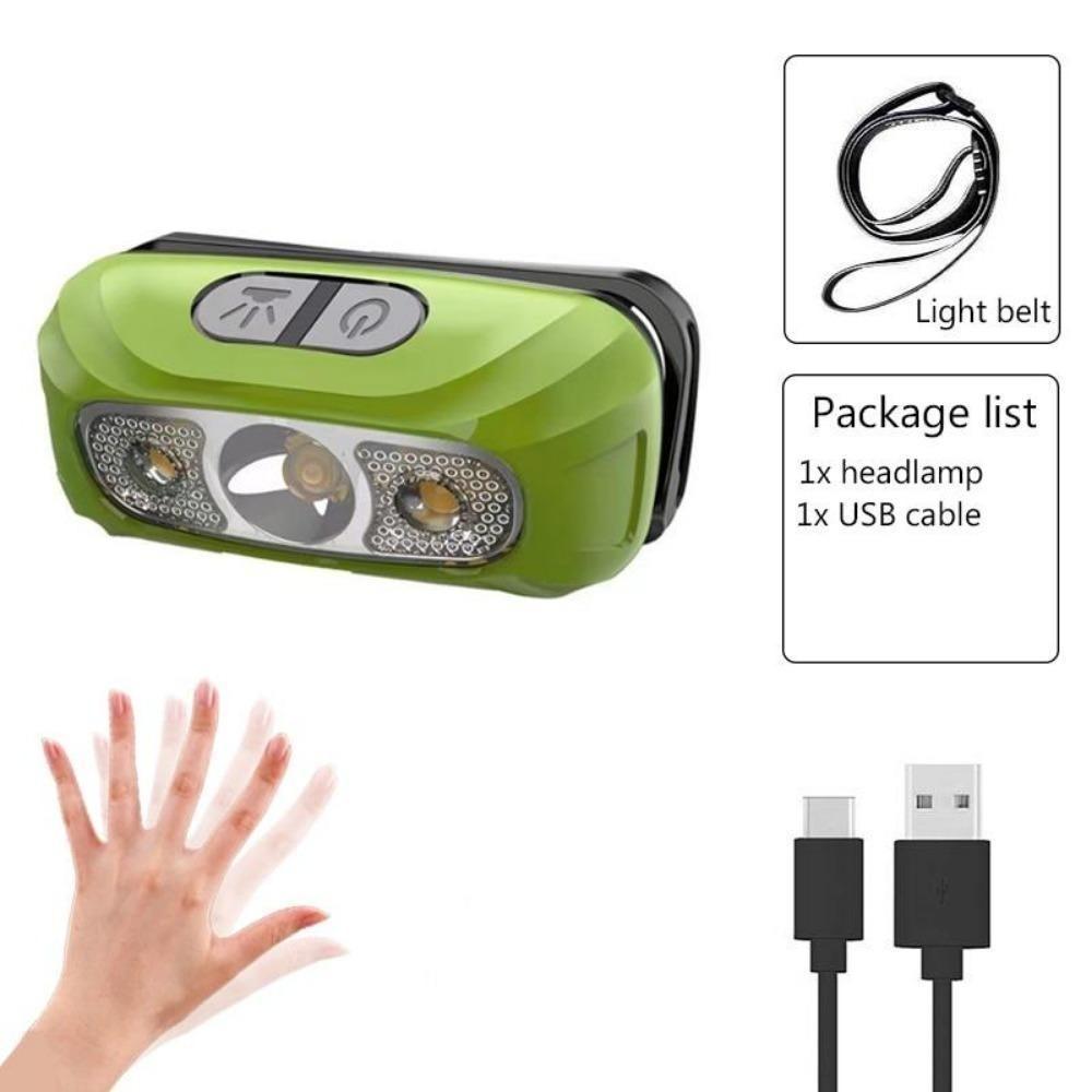 

Сильный свет индукционный светодиодный налобный фонарь USB зарядка встроенный перезаряжаемый литиевый аккумулятор водонепроницаемый для рыбалки на открытом воздухе кемпинга зелёный