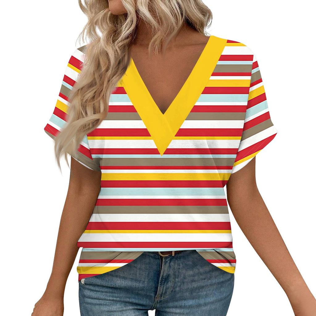 Dámská trička s krátkým rukávem s výstřihem do V a potiskem, ležérní topy, základní trička, halenka, volné topy
