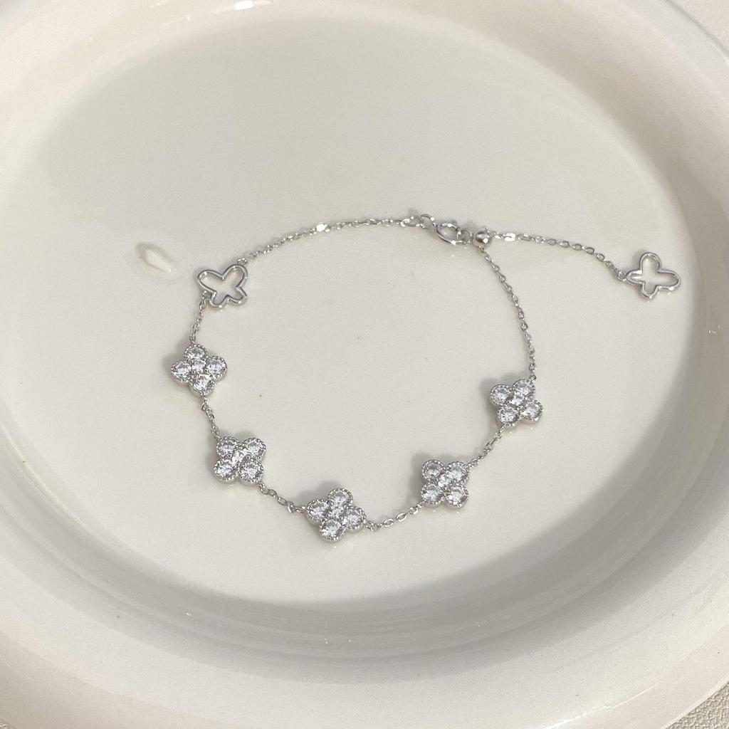 18K Gold-Plated 925 Sterling Silver Butterfly & Four-Leaf Clover Bracelet with Zircon and Flower Design for Women