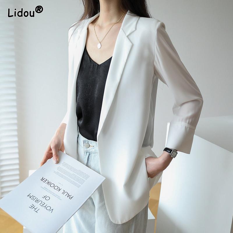 Notched Dignified Solid Intellectual Loose Spring Summer Office Lady Fashion Formal Casual Temperament Women's