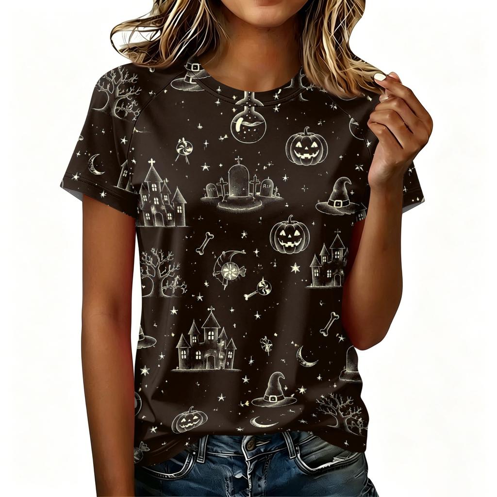 Women Raglan Sleeve Casual Short Sleeve Top Halloween Print Round Neck T Shirt Lightweight Comfortable Fit