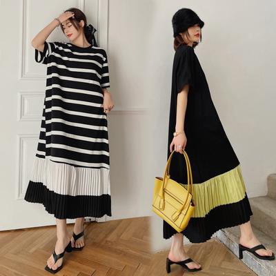 Summer O Neck Plus Size Color Blocked Long Dresses Women's Pleated Short Sleeved Casual Dress
