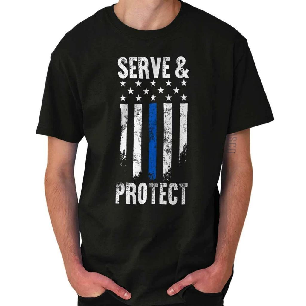 American Flag Blue Line Serve and Protect Womens or Mens Crewneck T Shirt Tee