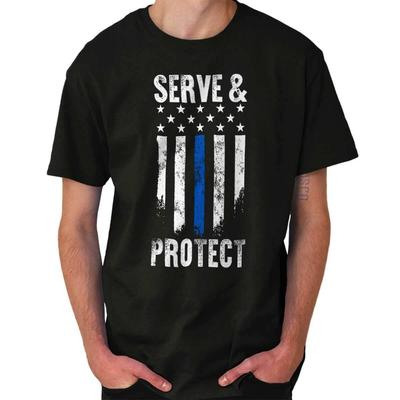 American Flag Blue Line Serve and Protect Womens or Mens Crewneck T Shirt Tee