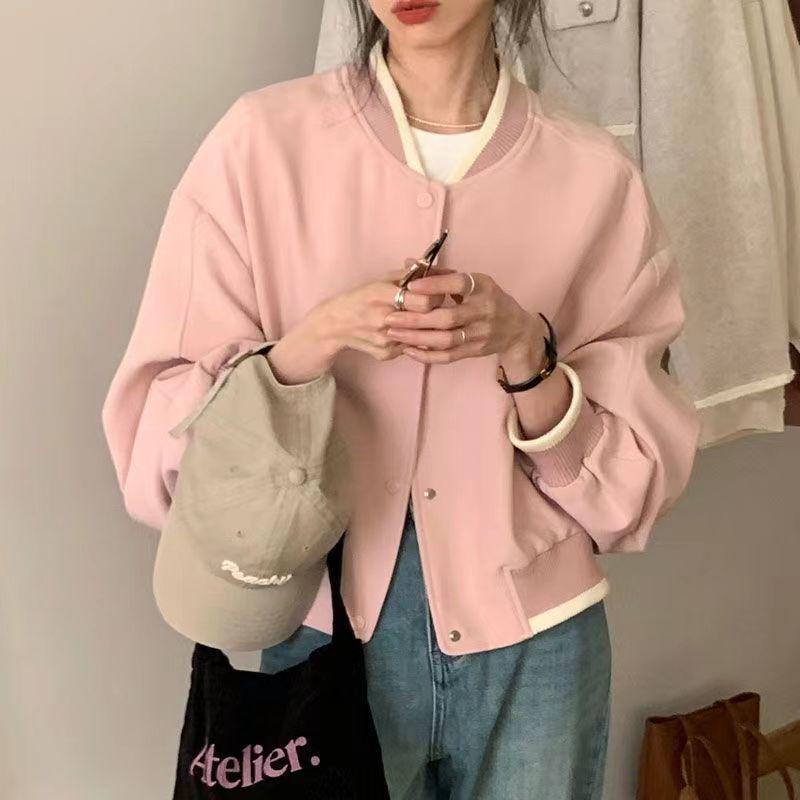 Women's Pink Loose Casual Baseball Jacket - Spring 2025 Korean Style Top, Spandex