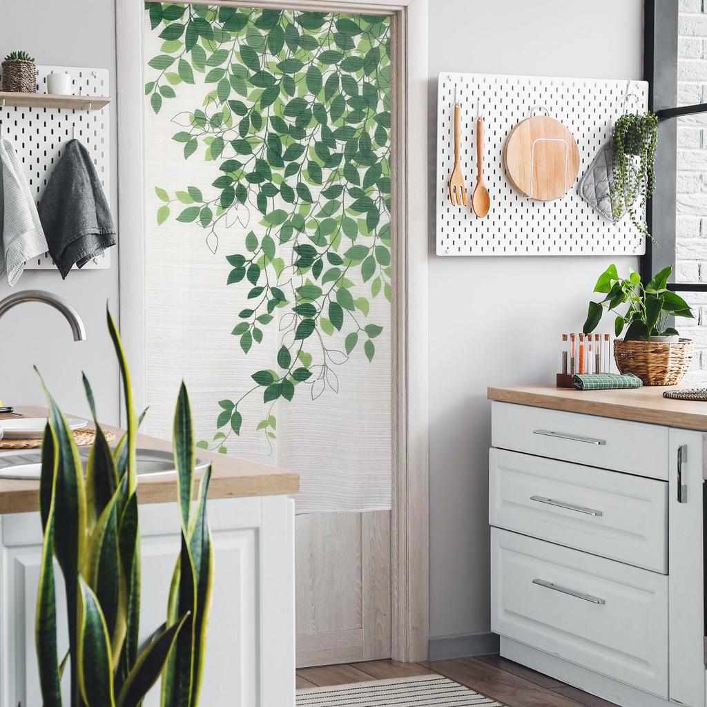Stylish Noren Curtain, Room Divider, Privacy Curtain, Leaf Pattern, Natural, Simple, Casual, Botanical, Ivy, Line Leaf, Width 85cm, Length 150cm