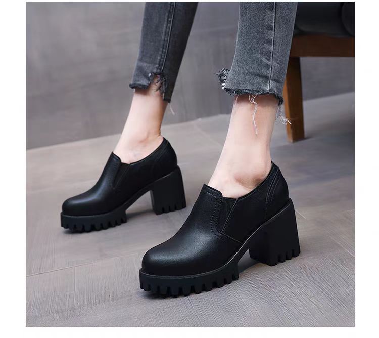 High-heeled loafers for women's 2025 spring and autumn new soft leather thick heel thick sole professional single shoes work small leather shoes on
