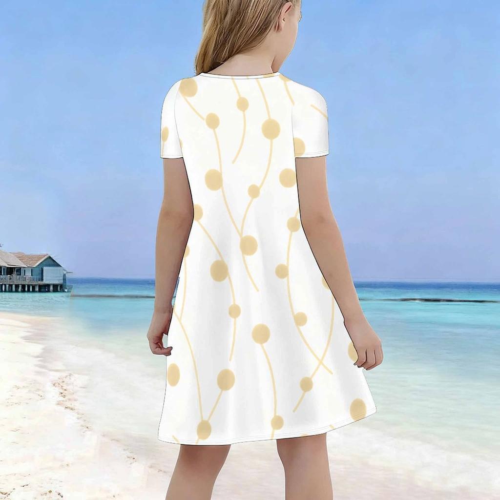 Girls Round Neck Short Sleeve Floral Tree Printed A Line Flared Black Dress