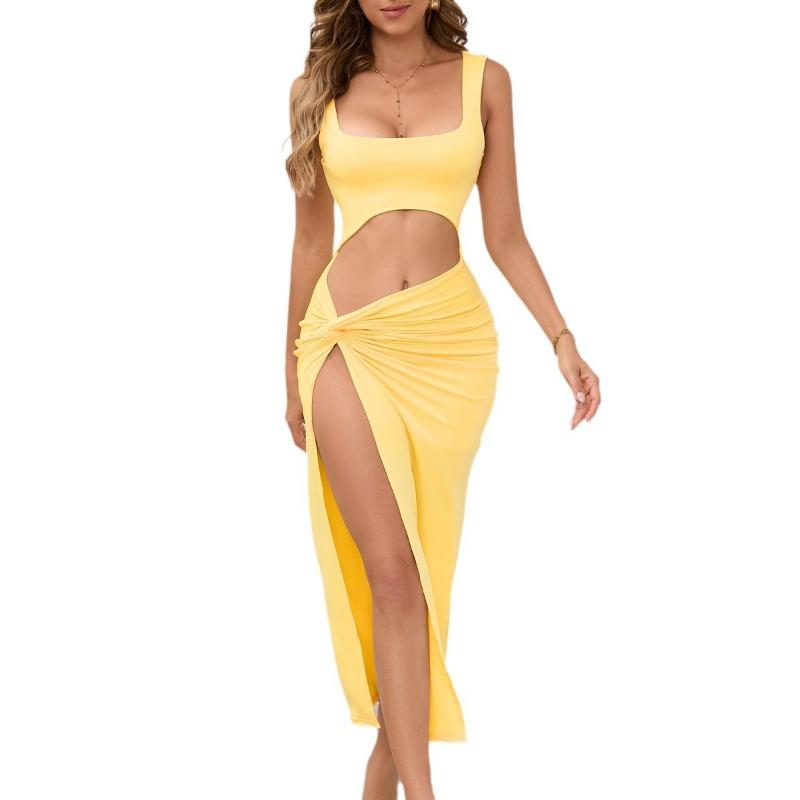 Women's Long Skirt Halter Solid Color Hollow Midriff Sexy Dress