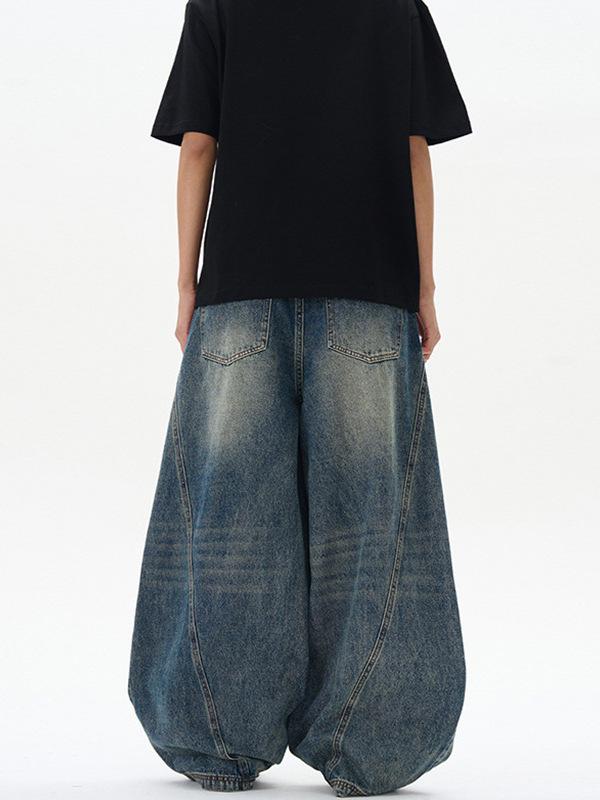 LKTM Unisex Amerykańskie Retro Niebieskie Spodnie Dżinsowe Baggy z Tie-Dye i Zakrzywioną Nogawką