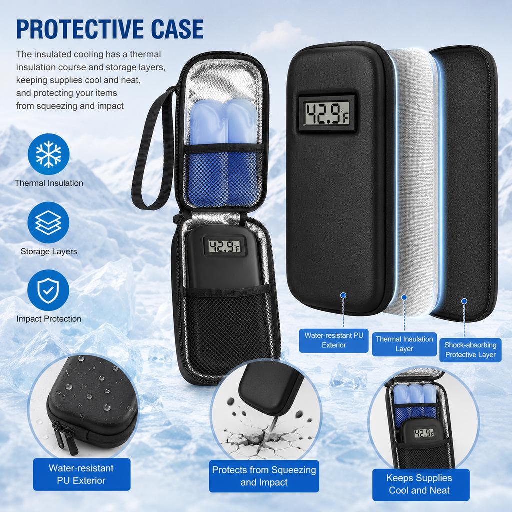 Insulin Cooler Travel Case With Thermometer Waterproof Insulated Storage Bag For Diabetic Medication Outdoor Use