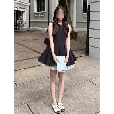 Vestido sem mangas com costuras em malha, temperamento casual feminino, cintura, vestido de princesa fofo, verão novo