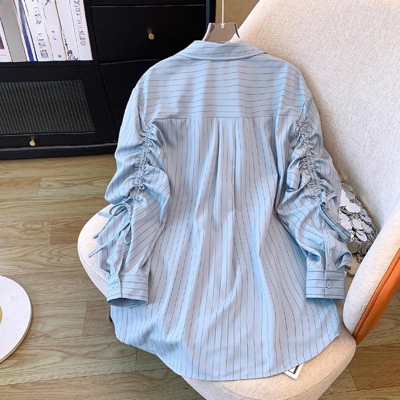 Blusa holgada informal de manga larga con cuello vuelto y rayas estilo coreano para primavera y verano para mujer