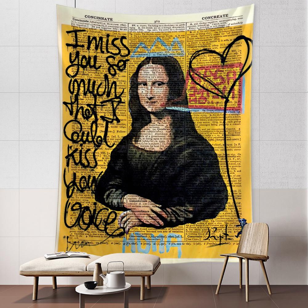 Mona Lisa Graffiti Tapestry Wall Hanging Bohemian Beach Mat Polyester Blanket Yoga  Home Bedroom Art Carpet 100X70CM