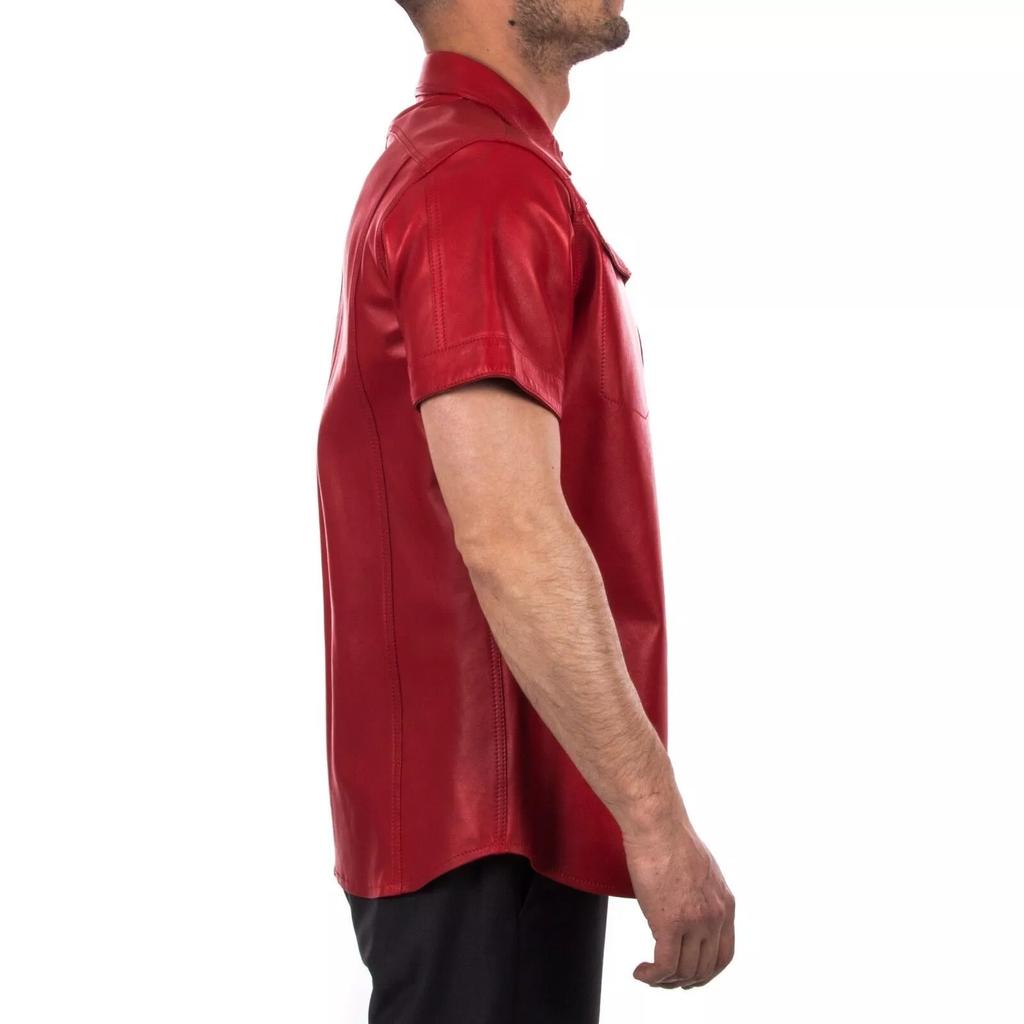 Men Shirt Red Handmade Leather Lambskin Formal Casual Stylish Classic