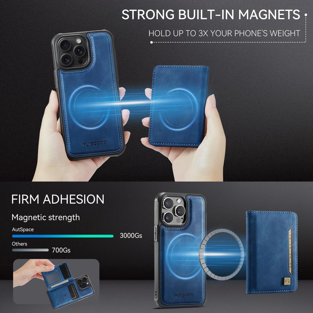For iPhone 14 Pro Max Case AUTSPACE A13 Vintage Leather Back Cover with Magnetic Detachable Card Bag