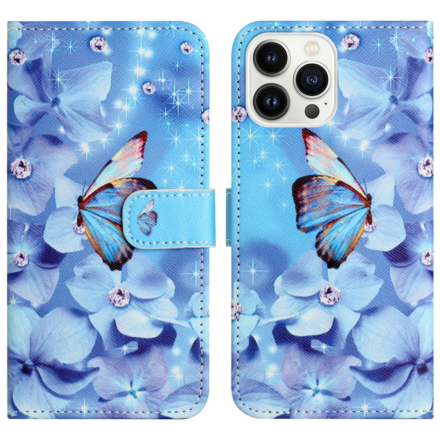 

For iPhone 16 Pro Leather Phone Case Cross Texture Pattern Printing Flower and Butterfly