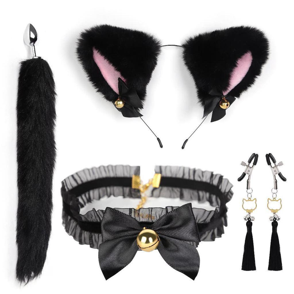 Cat Tail Bell Headband, Anal Plug, Nipple Clamps Flirting Set