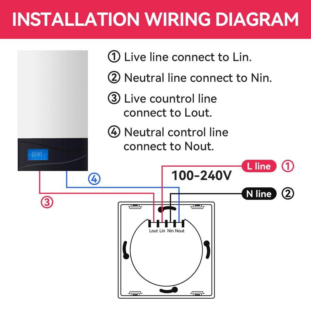 AC110~240V 40A Smart Home Wifi Touch Switch for Electric Boiler Water Heater On Off Timer Panel Controlled by Alexa/Google Home
