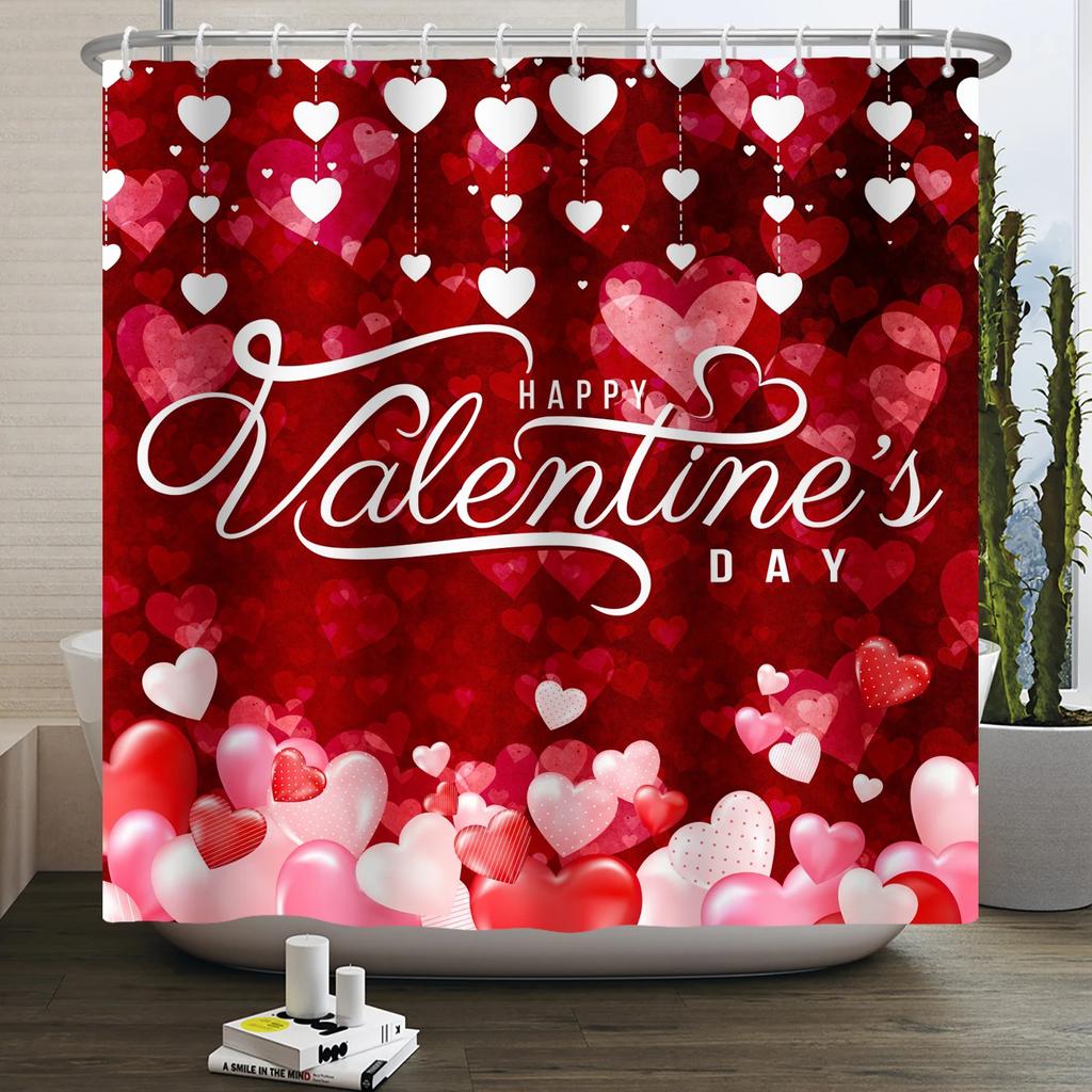 Happy Valentines Day Heart Shower Curtain Red Pink Romantic Falling Love Heart Sweet Lovers Waterproof Bathroom Curtain Decor