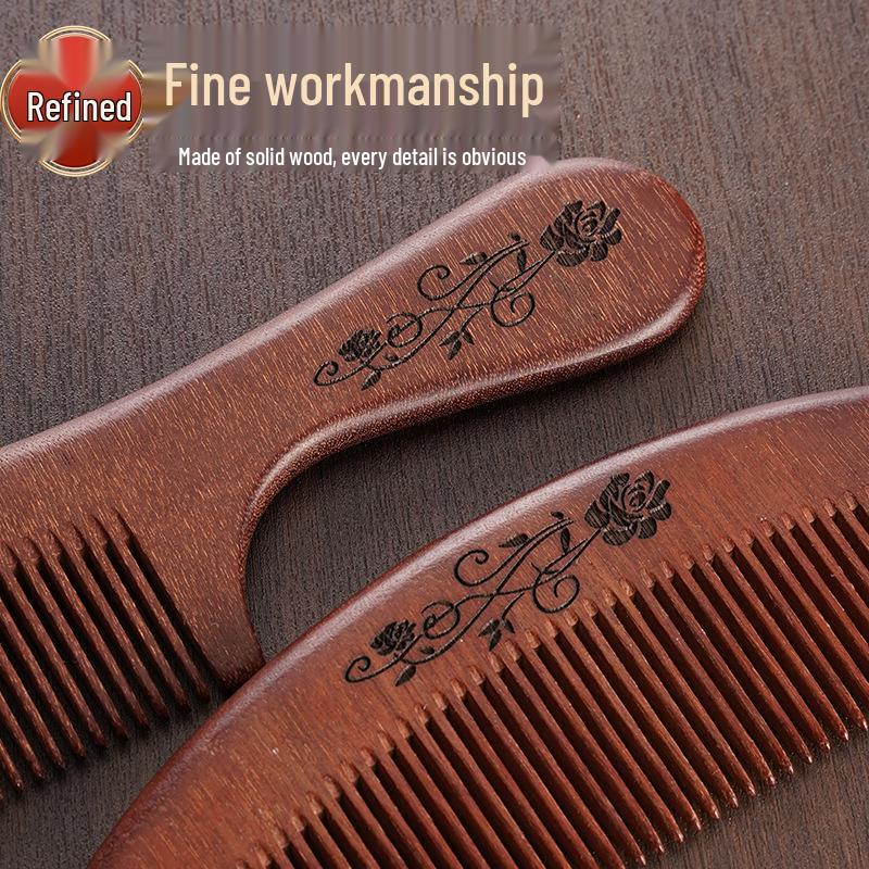 Engraved Sandalwood Long Handle Wide Tooth Scalp Comb