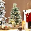 60 cm Prelit Small Christmas Tree, Snow Flocked Tabletop Mini Xmas Tree with 35 LED Lights, Pine Cones and Linen Cover Base, Battery Operated, Green