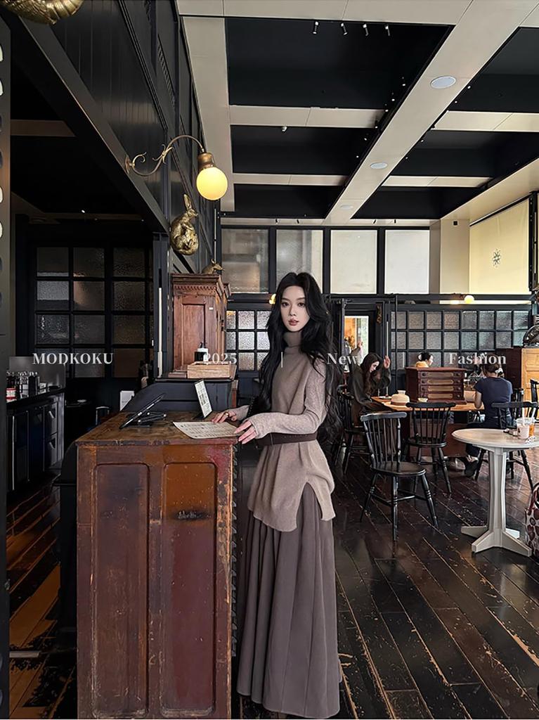MODKOKU Knit Maxi Sweater Dress with a Korean Perfect for Office Workers and Long Size M Women's Waistband, Elegant, Sweet, Style, Feminine, Elegant,