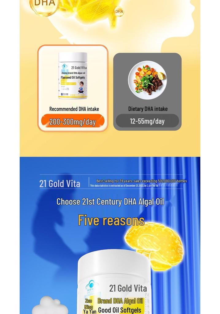 21K DHA Algal & Flaxseed Oil Softgels - 60 Capsules for Children & Teens To Enhance Memory - Genuine Product