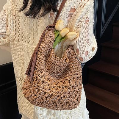 Tassel Straw Woven Bag 2025 New Large-capacity Hollow Woven Women's Bag Seaside Beach Bag Fashion Shoulder Armpit Bag