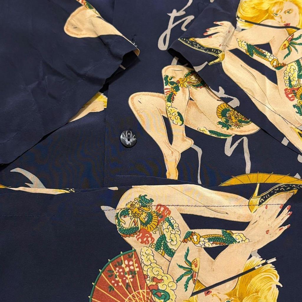 Used Orient Express Tattoo Geisha Silk Open Collar Shirt L
