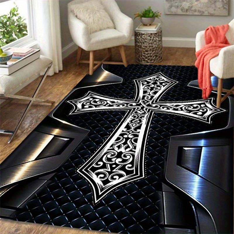 Modern Metal Cross Print Rug - Non-Slip Rectangle Mat for Living Room Bedroom Kitchen Indoor Outdoor, Contemporary Decor Mat