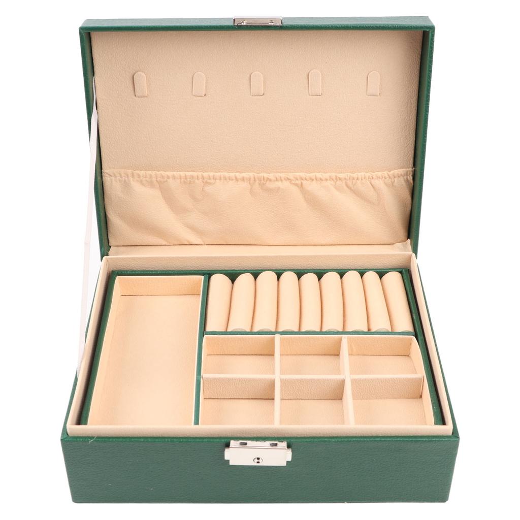 Double Layer Jewelry Storage Case with Lock Travel PU Leather Jewelry Organizer Holder for Ring Earrings Necklace