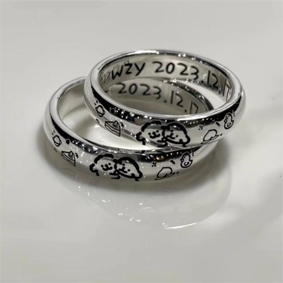 Cute Line Puppy Couple Rings for Women - High-End Student Style, Best Friends Jewelry