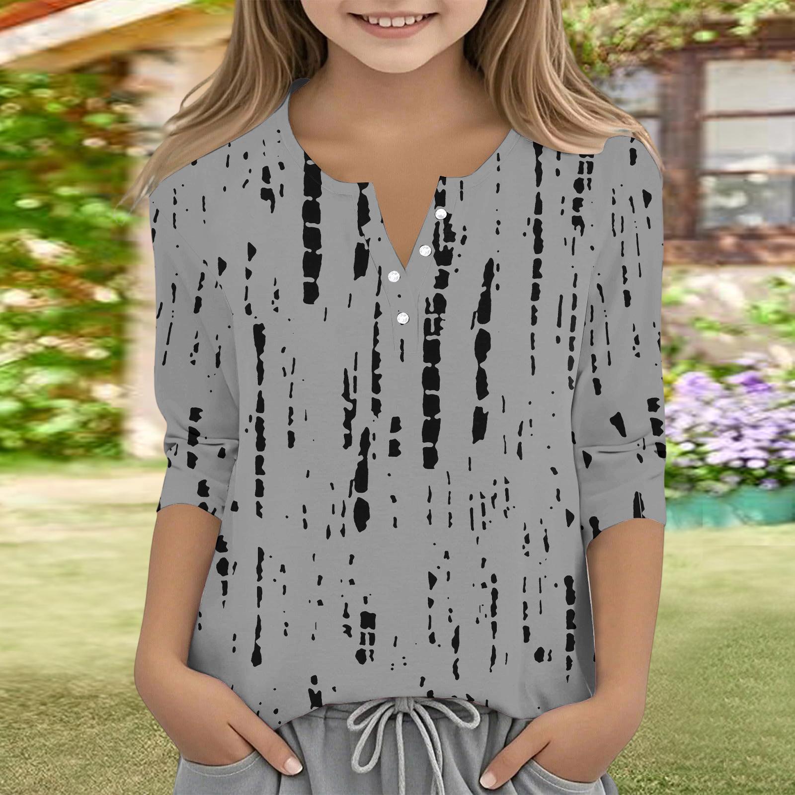 

Печатные топы для девочек-подростков, V-образный вырез, пуговицы, 3/4 рукава, футболки, модные топы, наряды, футболки 110