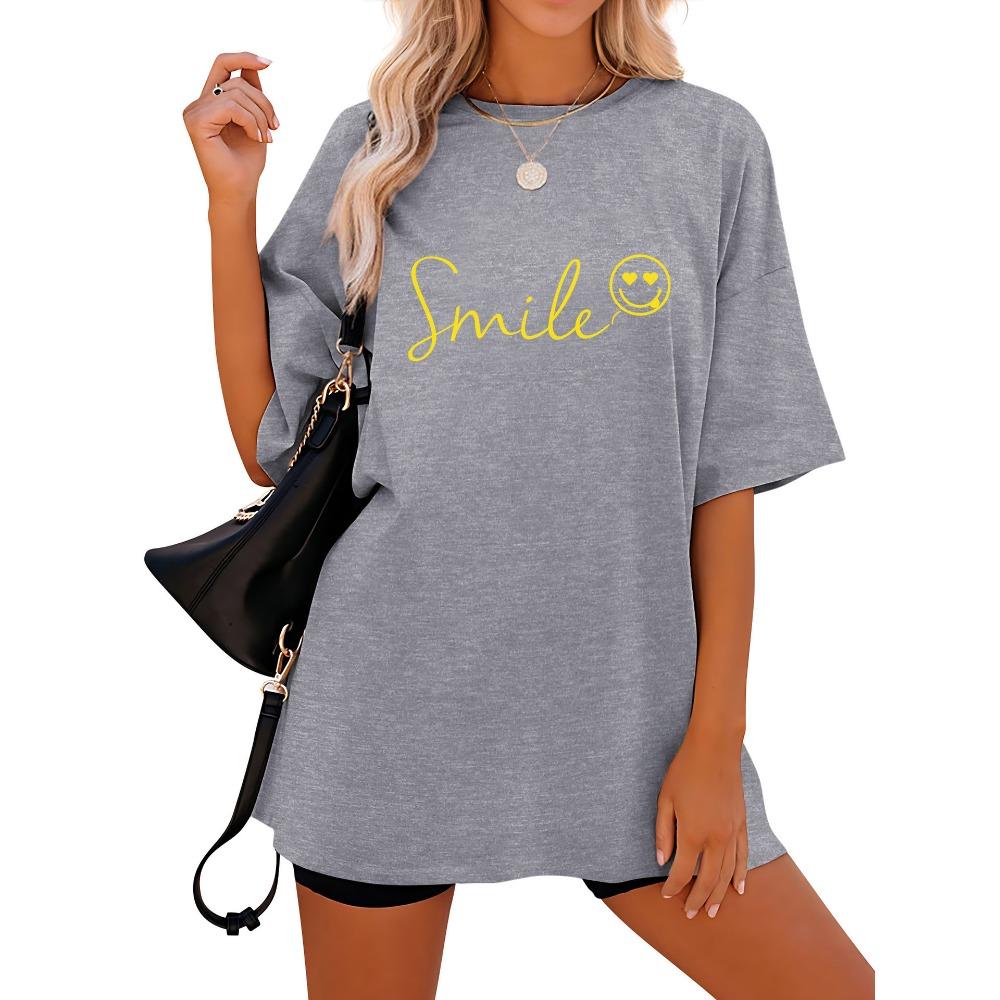 Tricou de damă cu mânecă scurtă, cu imprimeu lejer și mânecă scurtă, cu guler rotund și umăr căzut