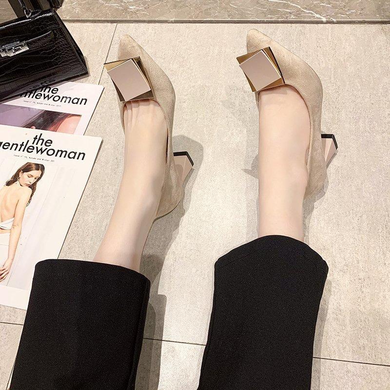 Pointed Suede Fashion Single Shoes Women's Autumn New Square Buckle Versatile High Heels Thick Heel
