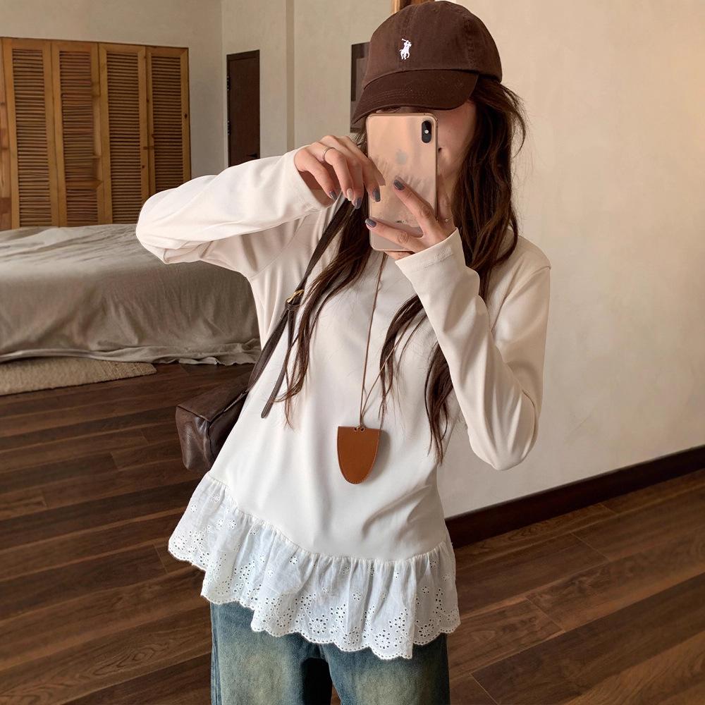 

Lace Long Sleeve Round Neck Plush T-shirt - Slimming Autumn/Winter Casual Layer Top Large белый