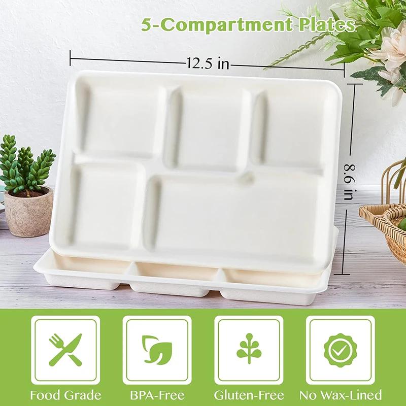 10/30Pcs Disposable Paper Plates, 5 Compartment School Lunch Trays, Compostable Bagasse Plates for Buffet Party