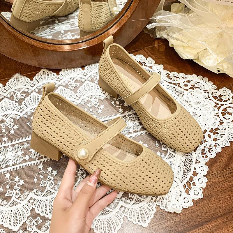 Fashion French Mary Jane Single Shoes Women's Hollow Mesh Woven Block Heel Summer 2025 New Style with Skirt Grandma Shoes